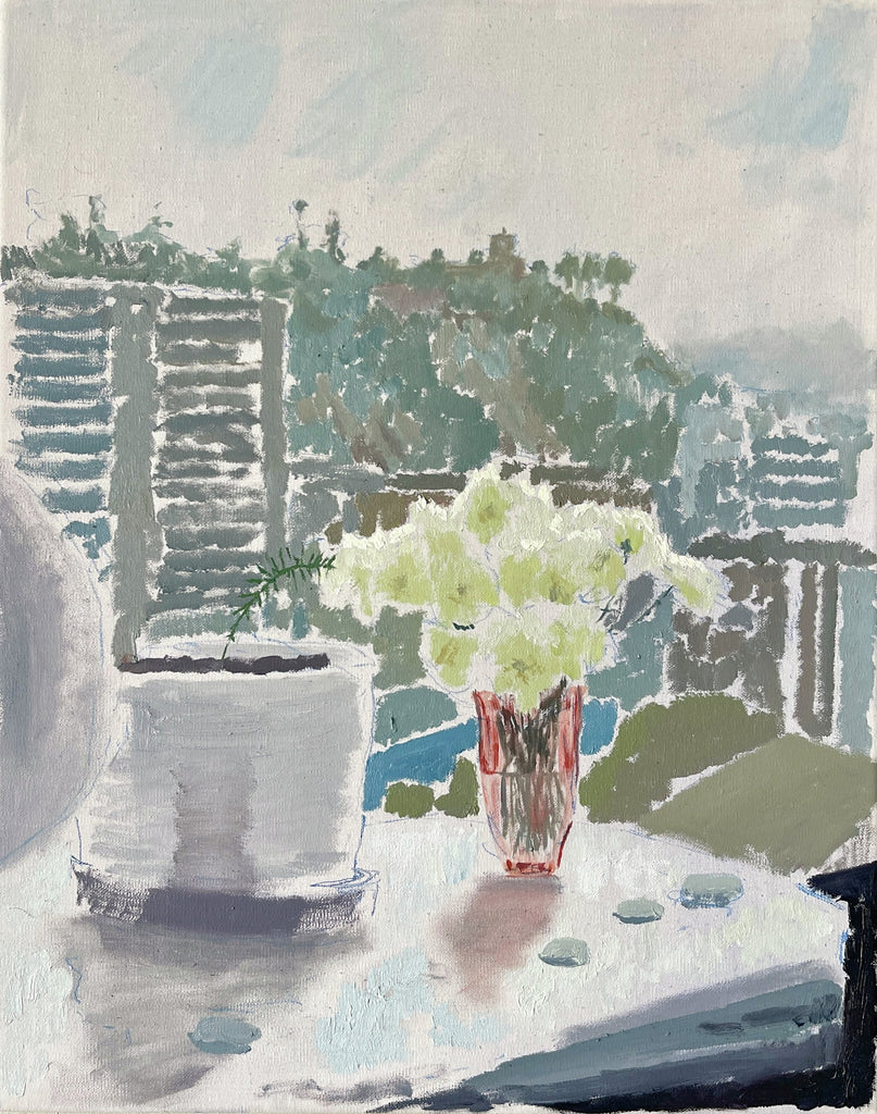 Paisaje con florero y crisantemos