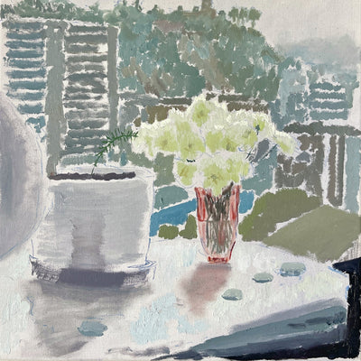 Paisaje con florero y crisantemos